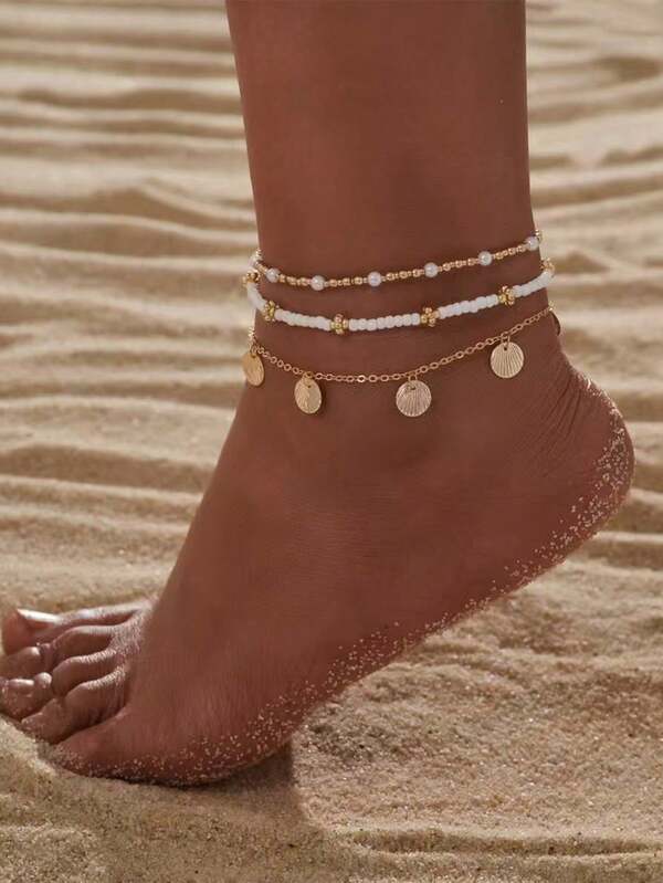 1 Set/3 Pieces Of Bohemian Beach Style Minimalist Design Alloy Shell Pendant, Rice Bead Ankle Chain, Daily Beach Vacation Wear