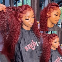 99j Burgundy Lace Front Wigs Human Hair Deep Wave Lace Front Wigs Human Hair Pre Plucked Red Curly Human Hair Wig 13x4 HD Colored Frontal Glueless Wet And Wavy Loose Deep Wave - S99J - 查看 7