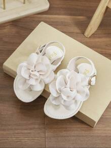 Toddler/Little Girls' 2025 Summer New Fashion Versatile Round Toe Thong Sandals With Large Flower, Flat, Anti-Slip For Beach & Home Wear - White - View 6