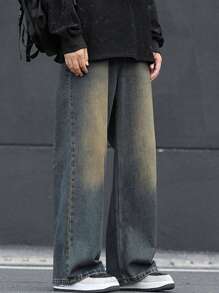 Teenaged Boys' Casual Wide Leg Straight Jeans With Cat Whiskers Design, Loose Fit Denim Pants For Youth And Pre-Teens
