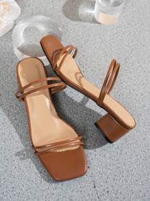 Elegant Black High Heel Sandals, Ankle Strap Peep Toe Low Block Heel Faux Leather Sandals