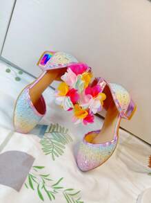 Dreamlike Colorful Floral Wreath Girls High Heel Dress Shoes, Strap Sandals Very Suitable For Vacation, Outdoor Travel, Performance, Costume - Multicolor - View 10
