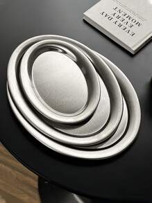 1pc Stainless Steel Oval Serving Tray, Cafe Coffee Shop Afternoon Tea Bread Cake Dessert Plate - Silver - View 4