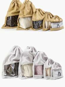 5pcs Vercord Travel Shoe Bag Dustproof Handbag Storage Bag Suede Fabric With PVC Clear Window Drawstring Brown - Multicolor - View 2