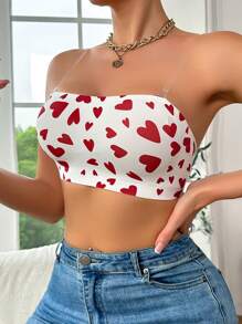 Women's Seamless Strapless Heart Print Non-Slip Bandeau Bra - Red and White - View 3