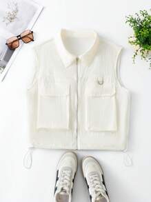 New Spring/Summer Large Pocket Design Lightweight Versatile Front Zip Sleeveless Vest For Women - White - View 2
