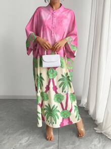 1件女款世界服飾長版洋裝長袍，小圓領單排扣套頭式，撞色花卉3/4袖落肩袖，寬鬆優雅奢華女裝，阿拉伯風女裝，度假休閒優雅派對晚宴沙灘洋裝，粉紅色 - 粉色 - 查看 5
