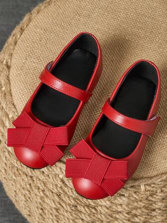 1 Pair Red Girls Leather Dress Shoes, Princess Performance School Uniform Shoes, Round Toe Bow Decor Soft Leather Pageant Flats, Cute & Fashionable