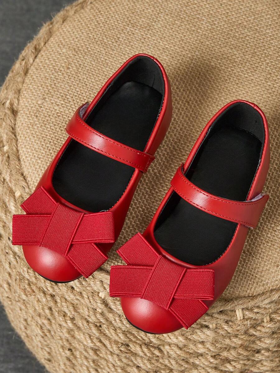 1 Paio di scarpe da vestito in pelle rossa per bambine, scarpe uniformi scolastiche da principessa, con punta tonda, decorazione fiocco, in morbida pelle, per sfilate, carine e alla moda