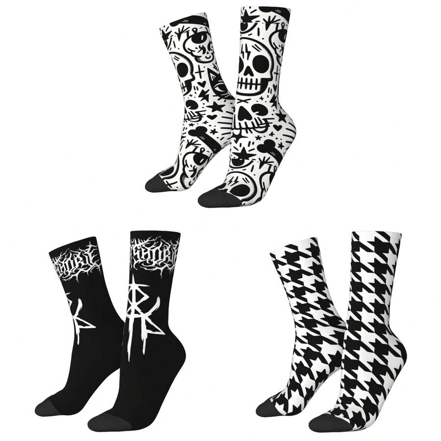 El elegante y misterioso logo de la banda de rock de mosaico con estampado de pata de gallo, calcetín de hombre para hip hop Harajuku con patrón impreso feliz y sin costuras, un regalo novedoso