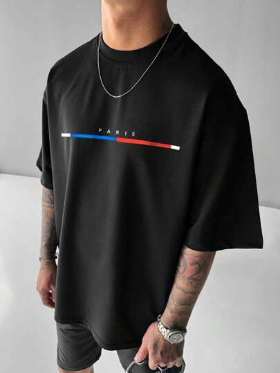 Men's Loose-Fit Fashionable Small Horizontal Letter Print Black Short-Sleeve T-Shirt For Spring/Summer Running, Fitness, And Casual Wear