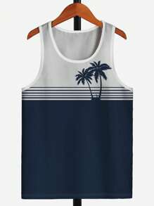 男士夏威夷风格热带海滩椰子树 3D 数码印花无袖背心健身度假背心 - 彩色 - 查看 2