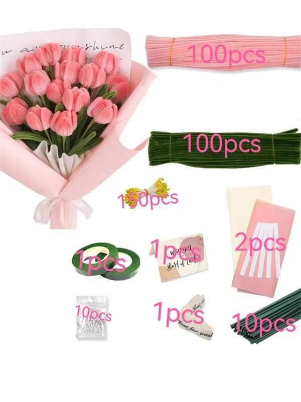 375pcs Twist Tie Craft Kit, DIY Handmade Arts - Includes 200pcs Twist Ties, 2pcs Hot Glue Sticks, 150pcs Pom Poms, 1pc Garden Tape, 1pc Mini Card, 10pcs Small Pearls, 10pcs Paper Covered Iron Wires, Suitable For Mother's Day Bouquets, Valentine's Day Gifts, Graduation Gifts, Weddings And Birthdays