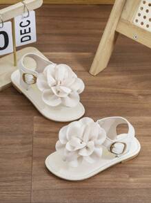 Toddler/Little Girls' 2025 Summer New Fashion Versatile Round Toe Thong Sandals With Large Flower, Flat, Anti-Slip For Beach & Home Wear - White - View 3