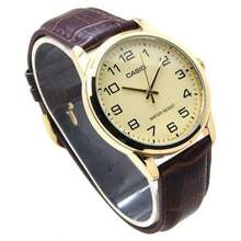 Casio Casio Men MTPV001GL-9B Stainless Steel Genuine Leather Strap Gold Dial Quartz Movement Buckle Clasp Analog 38mm Round Watch