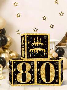 3 pièces Boîtes en papier noires et dorées, décoration de fête d'anniversaire 18e/30e/40e/50e/60e/70e/75e/80e, fournitures pour fête de 40/50/60 ans, décorations de fête d'anniversaire, boîtes décoratives pour fond de fête à la maison, décoration de fond de fête, accessoires photo, boîtes d'emballage cadeau