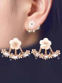 1pair Women's Daisy Flower & Crystal Stud Earrings, Korean Style Sweet & Simple Design, With Back Hanging Detail
