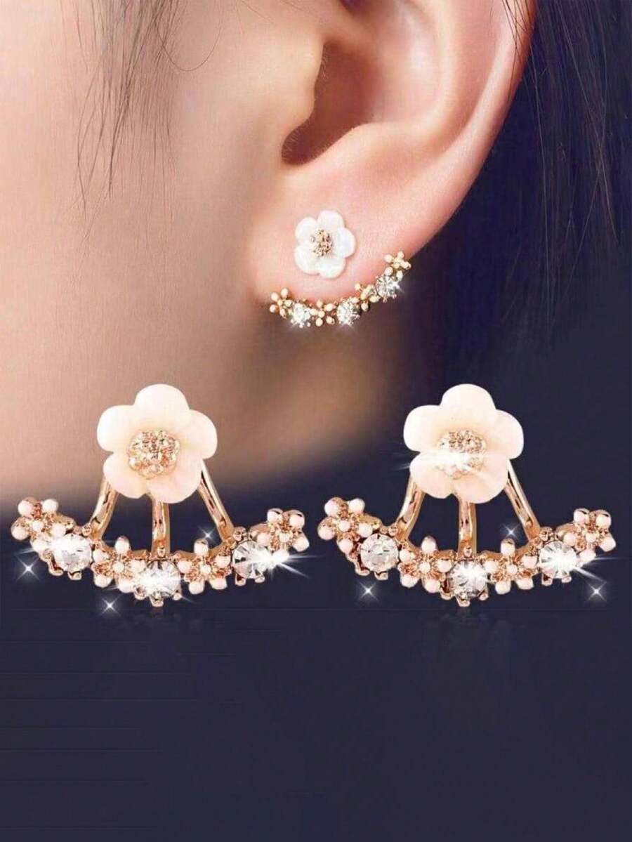 1pair Women's Daisy Flower & Crystal Stud Earrings, Korean Style Sweet & Simple Design, With Back Hanging Detail