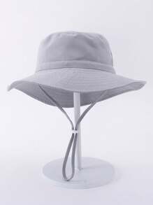 1pc Kids Sun Protection Bucket Hat With Windproof Rope, Simple Solid Color Or Cartoon Print Design, Thin Breathable Bucket Hat, Beach Hat And Bucket Hat Suitable For Daily Travel