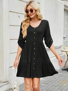 Women's V-Neck Button-Front Babydoll Dress With 3/4 Sleeves And Tiered Ruffle Hem