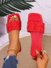 New Style Ruffle Trim Square Toe Slide Sandals, Casual Vacation Flat Slippers - Red - View 2