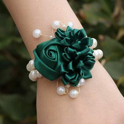 1pc Women's Wrist Corsage, Bridesmaid Bridal Wedding Party Decoration, Faux Green Rose & Sunflower Wristband Bracelet Decor Valentine's Day Accessories