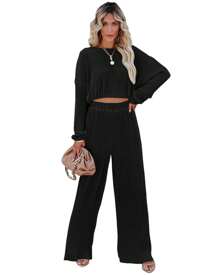 Black Corded Cropped Pullover And Wide Leg Pants Set Women - màu đen - Xem 4