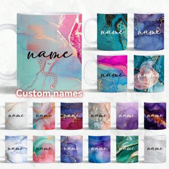 1 st. 280 g keramisk mugg med namntext och valfritt mönsterbakgrund, marmormönstrad kaffekopp, söt personlig kopp, namnanpassad exklusiv mjölkkopp, vattenkopp, lämplig för hemma- och kontorsbruk, platt botten, läckagesäker med handtag, flera färger tillgängliga, det bästa valet för presenter, födelsedagspresenter, jul, halloween och thanksgiving, elegant design