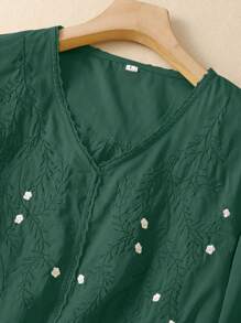 Damen Vintage Stickerei Loose Boho Bluse mit Halbarm, Frühling/Sommer - Dunkelgrün - Übersicht 4