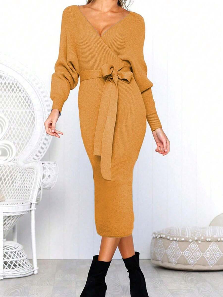 Vestidos Manga Larga De Punto Unicolor Cuello Profundo Con Cinturón Con Abertura - Amarillo - Ver 1