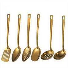1/6 piezas Juego de utensilios de cocina de acero inoxidable chapados en oro - Incluye cuchara para sopa, colador, pala para freír y talla grande - Herramientas de cocina esenciales para chefs de hogar - Multicolor - Ver 12