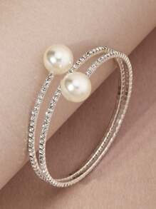 1pc Minimalist Crystal & Pearl Cuff Bangle, Party Dress Accessories - Silver - View 4