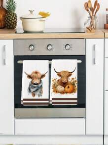 2Pcs Kitchen Towel Watercolor Floral Highland Cow Country Style Farmhouse Dish Towel Kitchen Dishwashing Hand Tea Towel Kitchen Dry Dish Towel Suitable For Kitchen Restaurant Dining Table