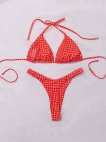 2pcs/Set Plaid Print Sexy Women's Halter Bikini Set - Red - View 2