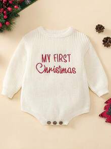Mono de punto con cuello redondo y manga larga con bordado de letras para bebé, mi primer suéter navideño - Blanco - Ver 4