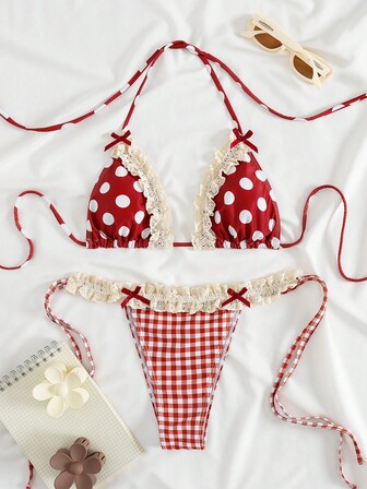 PEPPERMOLLY Nuevo conjunto de bikini sexy de fiesta con corbata de halter decorada con lazos, volantes y lunares en encaje suave, traje de baño de moda elegante de verano para mujer