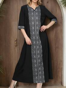 Women's Geometric Print Patchwork Maxi Arabic Style Casual Vacation Dress,Modest - Black - View 1