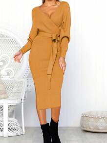 Vestidos Manga Larga De Punto Unicolor Cuello Profundo Con Cinturón Con Abertura - Amarillo - Ver 3