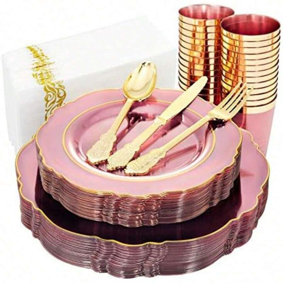 210Pcs Clear Pink Plastic Plates With Gold Rim& Disposable Gold Plastic Silverware &Pink Cups&Hand Napkin- Plum Colored Plastic Dinnerware For Upscale Wedding &Easter&Mothers Day - Pink - View 1