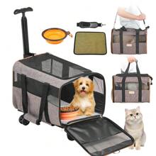 Wheeled Airline Approved Rolling Cat And Dog Carrier With Telescopic Handle And Shoulder Strap For Pets Up To 22 Pounds Grey With Folding Bowl - Black - View 2