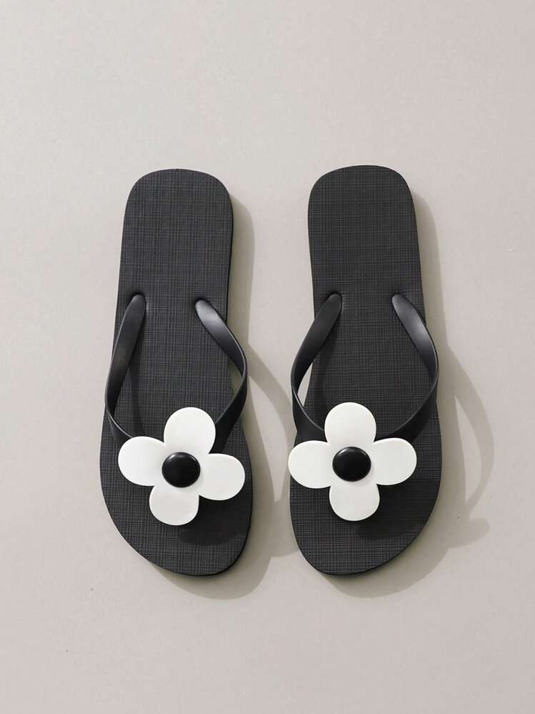 Sandalias tipo flip flop con diseño floral dulce para vacaciones en la playa para mujeres - Negro - Añade 5