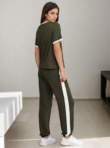 Womens 2 Piece Outfits  Summer Tracksuit Sets Short Sleeve Tops Long Pants Jogger Lounge Set - 軍綠色 - 查看 4