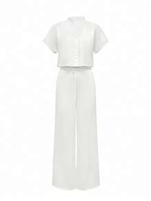Bộ 2 món áo sơ mi tay ngắn cổ đứng màu trơn mùa hè dành cho nữ + quần ống rộng màu trắng thanh lịch - trắng - Xem 2