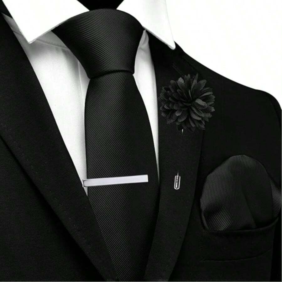 Premium Solid Plain Striped Slim Twill Tie - Black - View 1