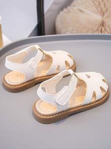 1 Pair Baby Girls Beige Hook And Loop Sandals, Comfortable Versatile Cute Outdoor Beach Shoes For Summer - Beige - View 4