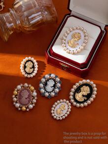 1pc Alloy Pearl Inlaid Lady Head Brooch, Minimalist European French Royal Style Unique Clothes Accessory Lapel Pin - Multicolor - View 1