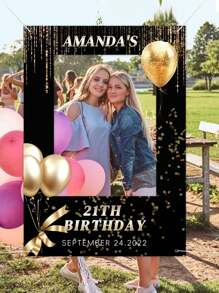 1件定制生日派对拍照背景横幅 - 涤纶镂空设计，黑金风格，适合难忘的庆祝活动、节日装饰 | 趣味生日标牌 | 装饰，生日派对装饰，母亲节毕业典礼，多功能，装饰性强，可重复使用，精致，时尚，高品质，色彩丰富，现代，可定制，个性化，独特，家居焕新，定制派对背景，家居生活，打造难忘的家，纪念品