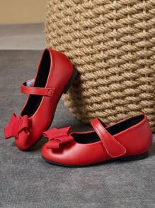 1 Paio di scarpe da vestito in pelle rossa per bambine, scarpe uniformi scolastiche da principessa, con punta tonda, decorazione fiocco, in morbida pelle, per sfilate, carine e alla moda