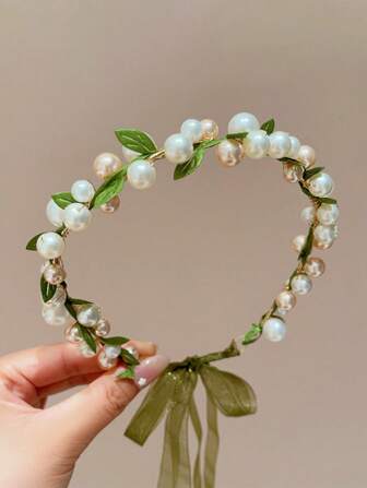 1 套优雅手工珍珠绿叶花冠头带，适合女孩，精致公主风格，适合日常佩戴、表演、春夏户外、花园、海滩、婚礼