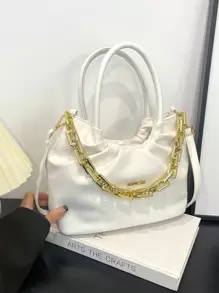 新款高端小众百搭粗链纯色 PU 皮革水桶包，简约大容量旅行度假斜挎包，时尚户外购物手机零钱包，优雅商务通勤办公手提包，女士单肩包 - 彩色 - 查看 5